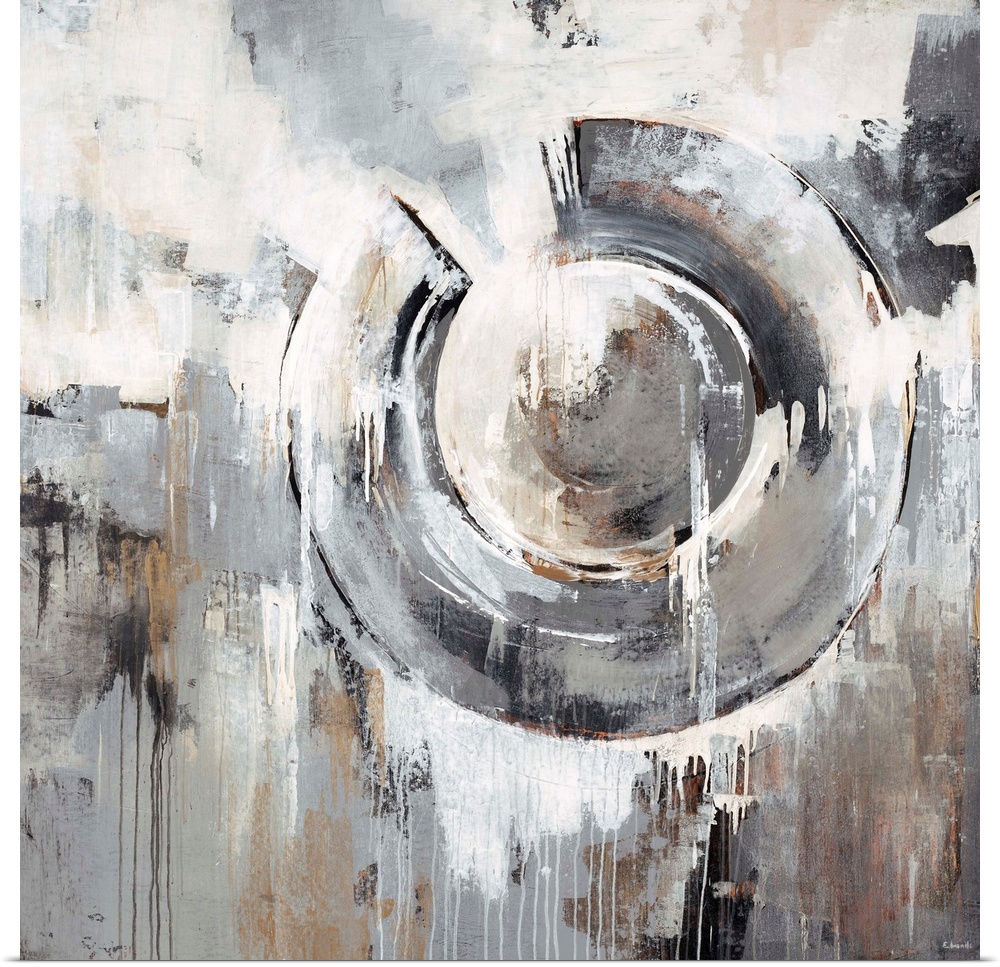 Abstract painting in neutral and earth tones of a large circular shape surrounded by dripping patches of contrasting colors.