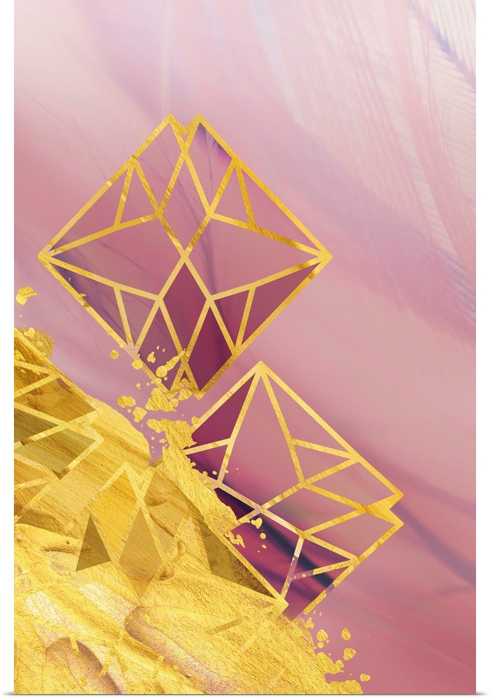 Geometric artwork in shades of pink with golden edges and a yellow splash.