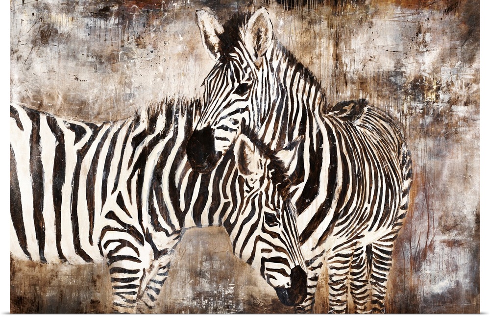 Contemporary portrait of two zebras embracing in front of an earth-toned background.