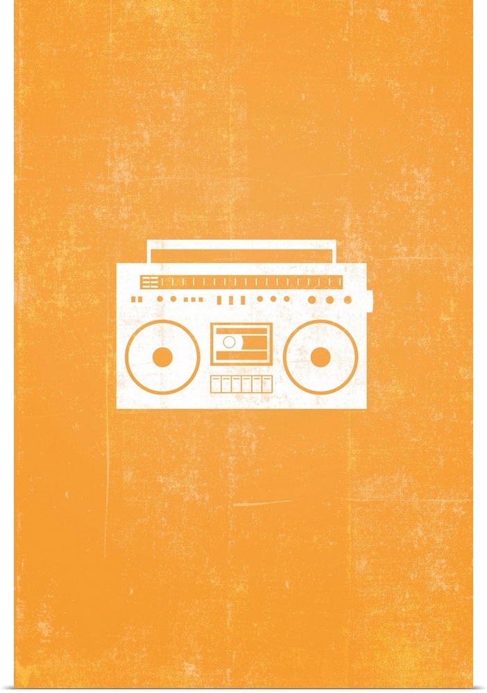 Retro artwork that has a silhouette of a boom box against a bright orange background.
