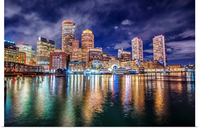Boston Skyline At Night With Reflecting Lights