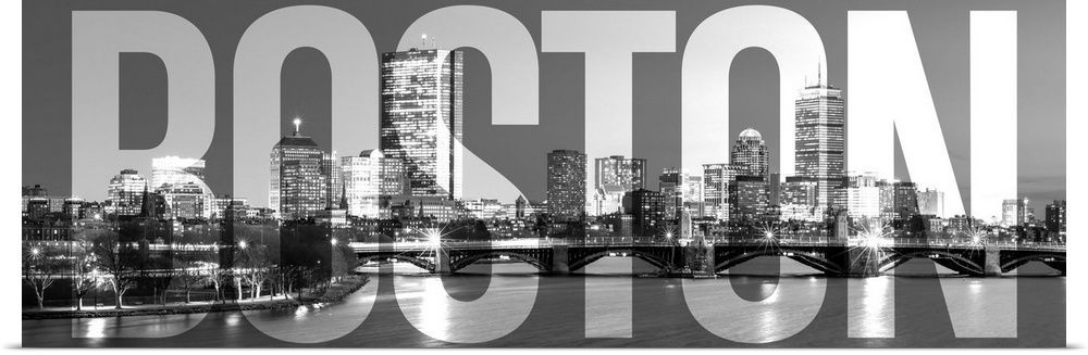 Transparent typography art overlay against a photograph of the Boston city skyline.