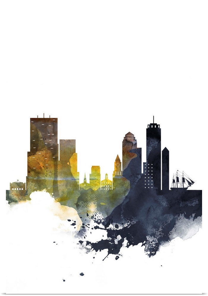 The Boston city skyline in colorful watercolor splashes.