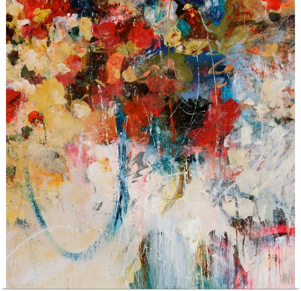Abstractly painted square canvas with different flowers painted in the top portion and faded color splashes at the bottom.