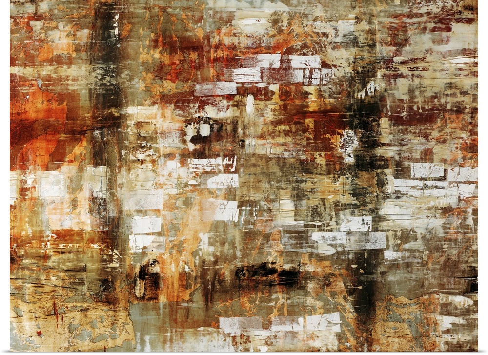 Grungy abstract painting of various earth toned colors on canvas.