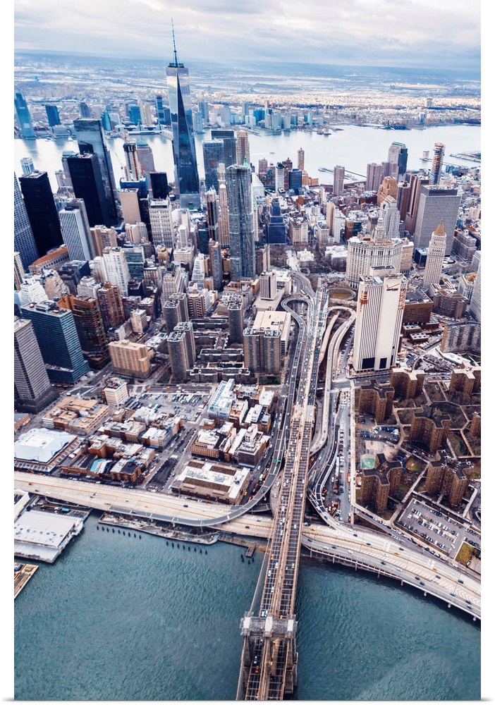 Aerial view of the Brooklyn Bridge leading into the city, New York City.