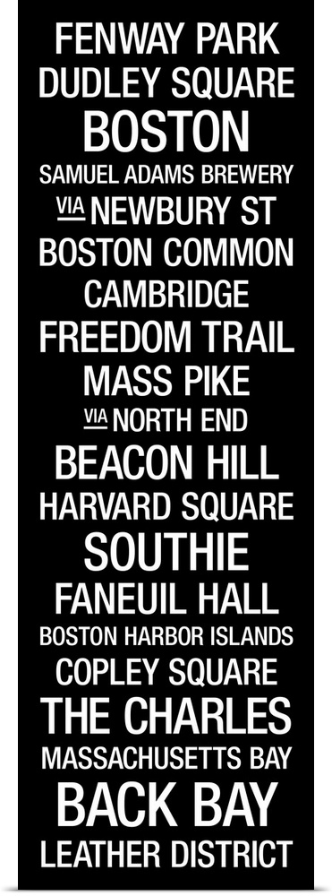 Vertical, typographic artwork listing landmarks and popular places in this New England metropolis.