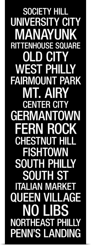 Vertical panoramic artwork of typographic design that includes landmarks of a popular east coast city, such as Mt. Air, Pe...