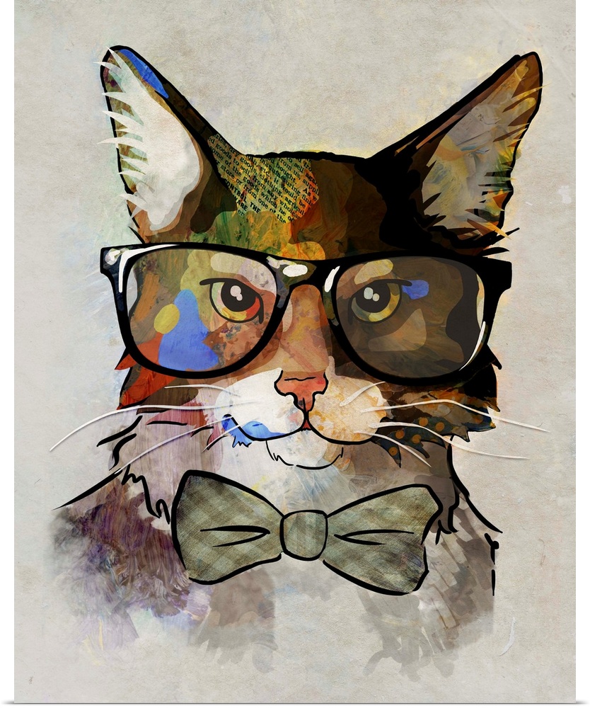 Pop art of a cat wearing large glasses and a bow tie.