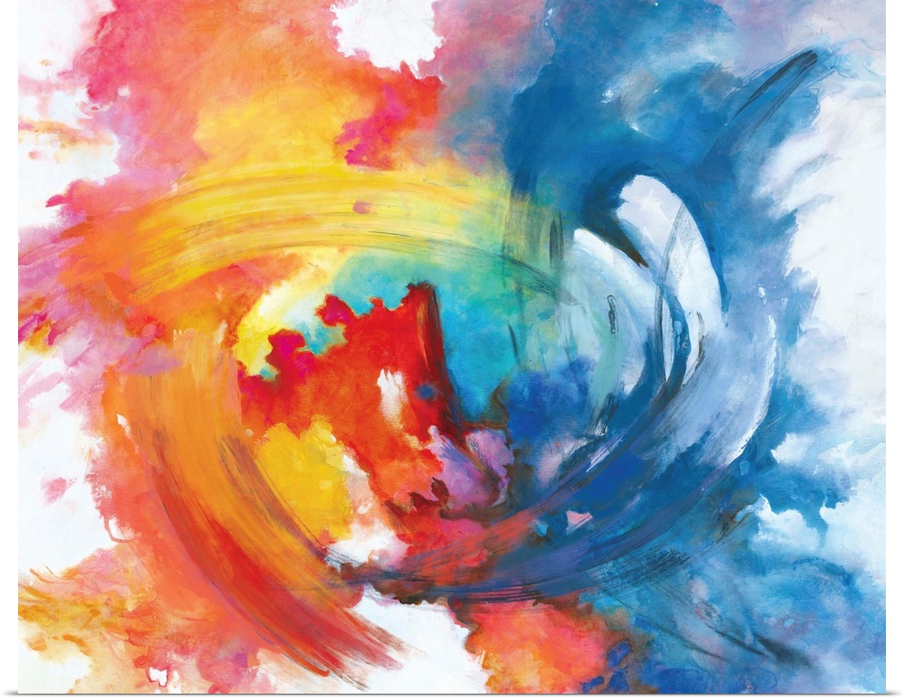 Contemporary abstract painting in vivid rainbow colors, swirling in the center.
