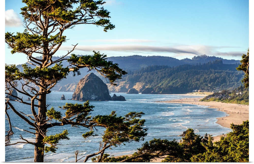 Landscape photograph of Cannon Beach through trees with Haystack Rock in the distance.