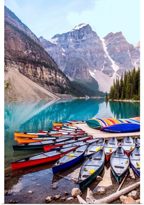 Canoes At Moraine Lake, Banff National Park, Alberta, Canada