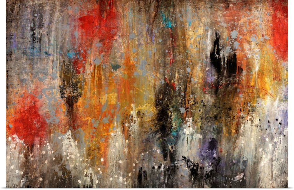 Contemporary abstract painting reminiscent of a mysterious and hazy cave, done with splatters and drips.