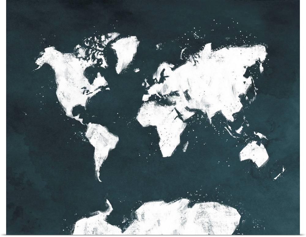 World map artwork with sketch-like details against a navy background.