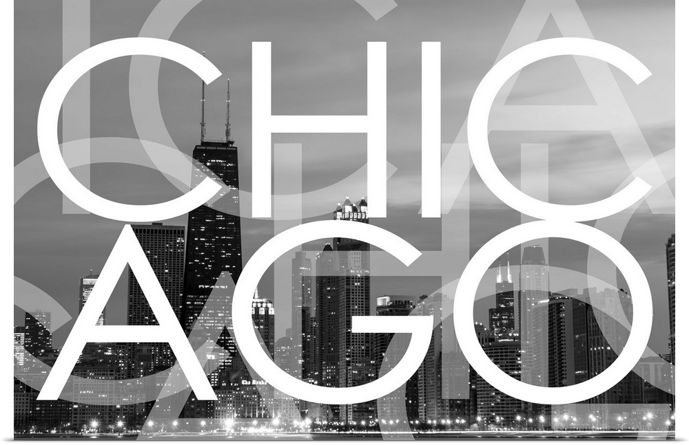 Multi-exposure typography art against a photograph of the Chicago city skyline.