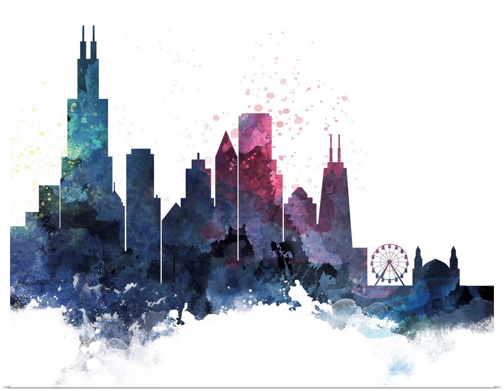The Chicago city skyline in colorful watercolor splashes.