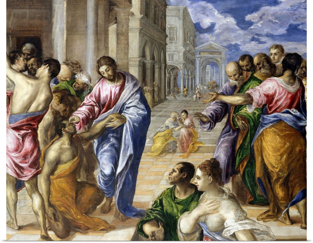 El Greco painted this masterpiece of dramatic storytelling either in Venice or in Rome, where he worked after leaving Cret...