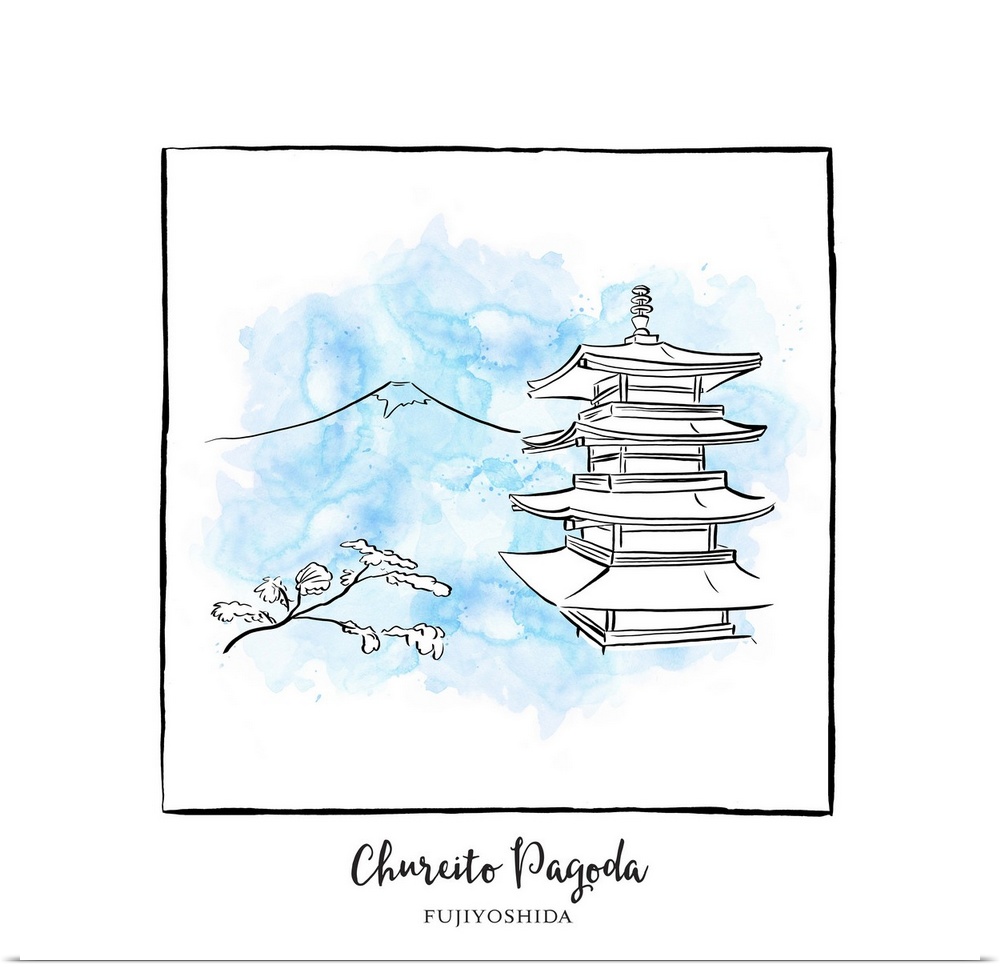 An ink illustration of the Chureito Pagoda, Fujiyoshida, Japan, with a light blue watercolor wash.