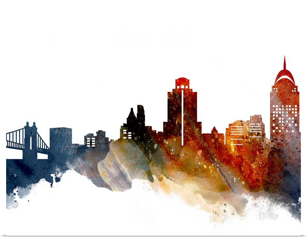 The Cincinnati city skyline in colorful watercolor splashes.