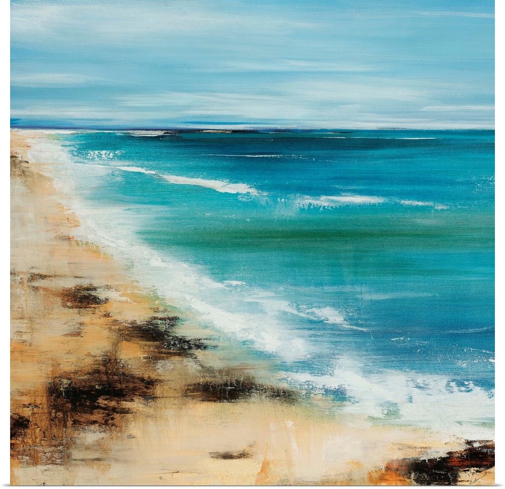 Contemporary painting of slightly blurred, out of focus shoreline with surf and waves rolling in under a cloud sky.