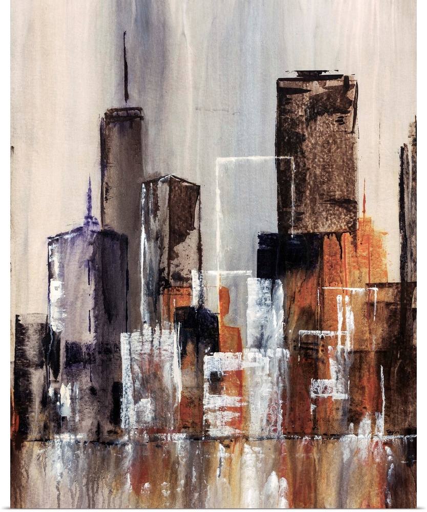 Contemporary abstract painting of cityscape and waterfront. The painting uses simple geometric shapes to create buildings ...