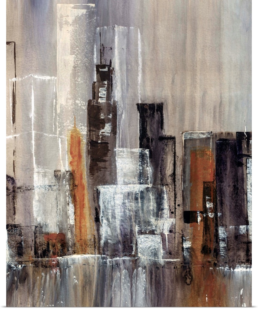Contemporary abstract painting of tall city building and skyscrapers with waterfall in the foreground. The image is colore...