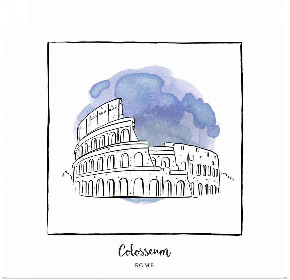 An ink illustration of the Colosseum in Rome, Italy, with a blue watercolor wash.