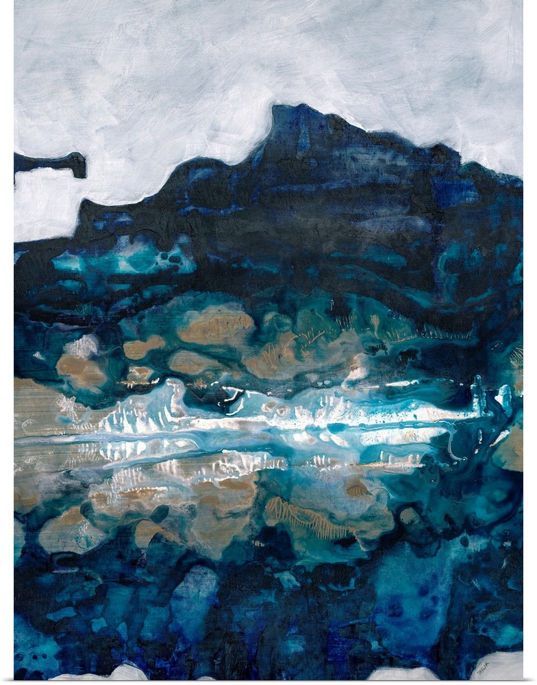Contemporary painting of blue forms mimicking a cool natural landscape, such as a lake or mountain.
