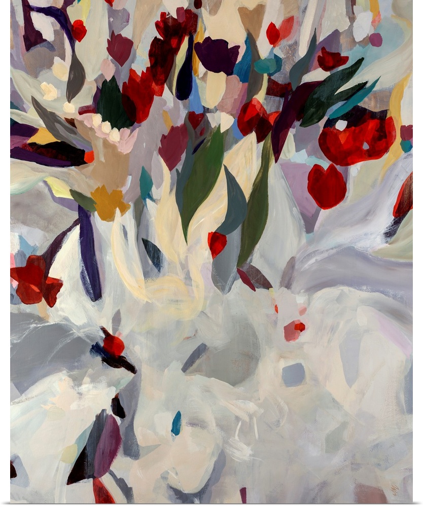 Large abstract modern painting of a uniquely arranged bouquet of blooming flowers. Vibrant tones in flowers at the top con...