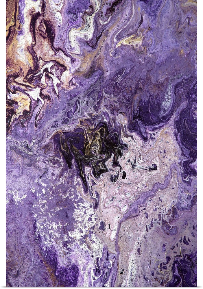 Abstract contemporary painting in brown, white and purple tones, in a marbling effect.