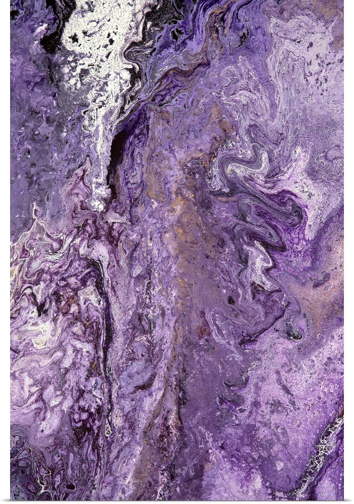 Abstract contemporary painting in brown, white and purple tones, in a marbling effect.