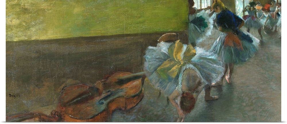 Degas used an elongated frieze format for more than forty rehearsal scenes made over the course of two decades. This is on...