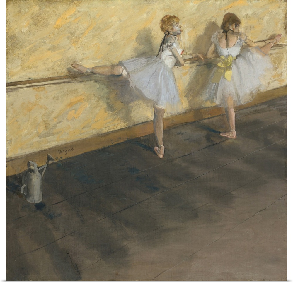 The watering can, visible at left, was a standard fixture in ballet rehearsal rooms; water was sprinkled on the floor to k...