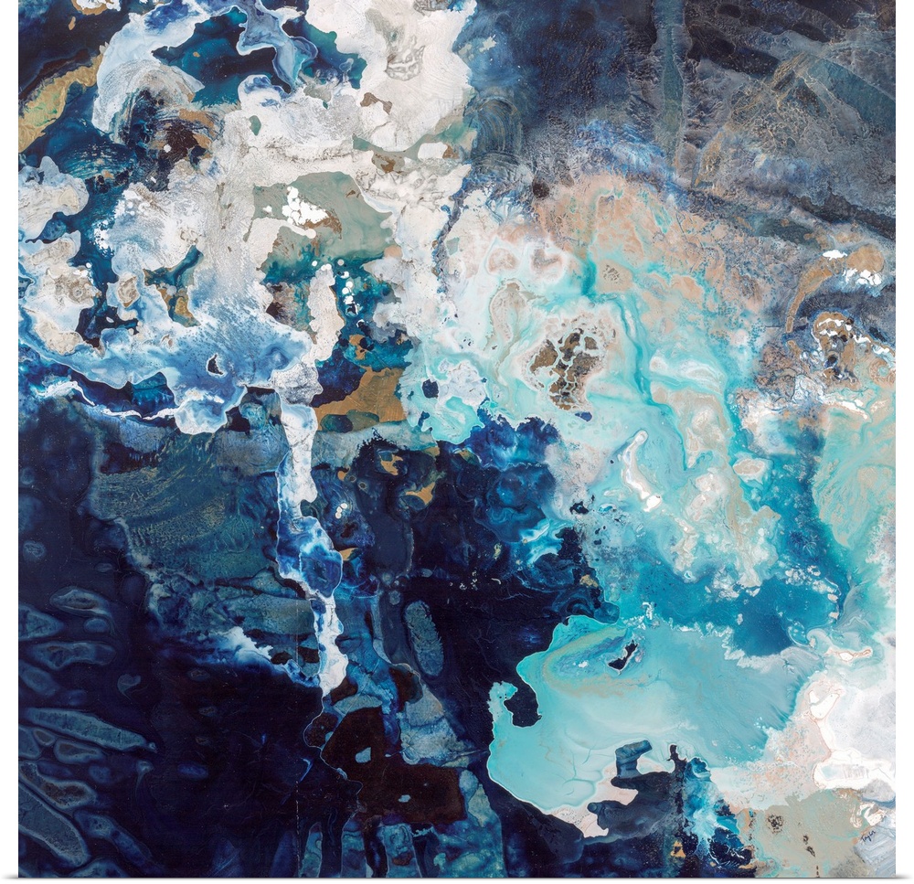 Abstract contemporary painting with dark navy and bright blue splashes.