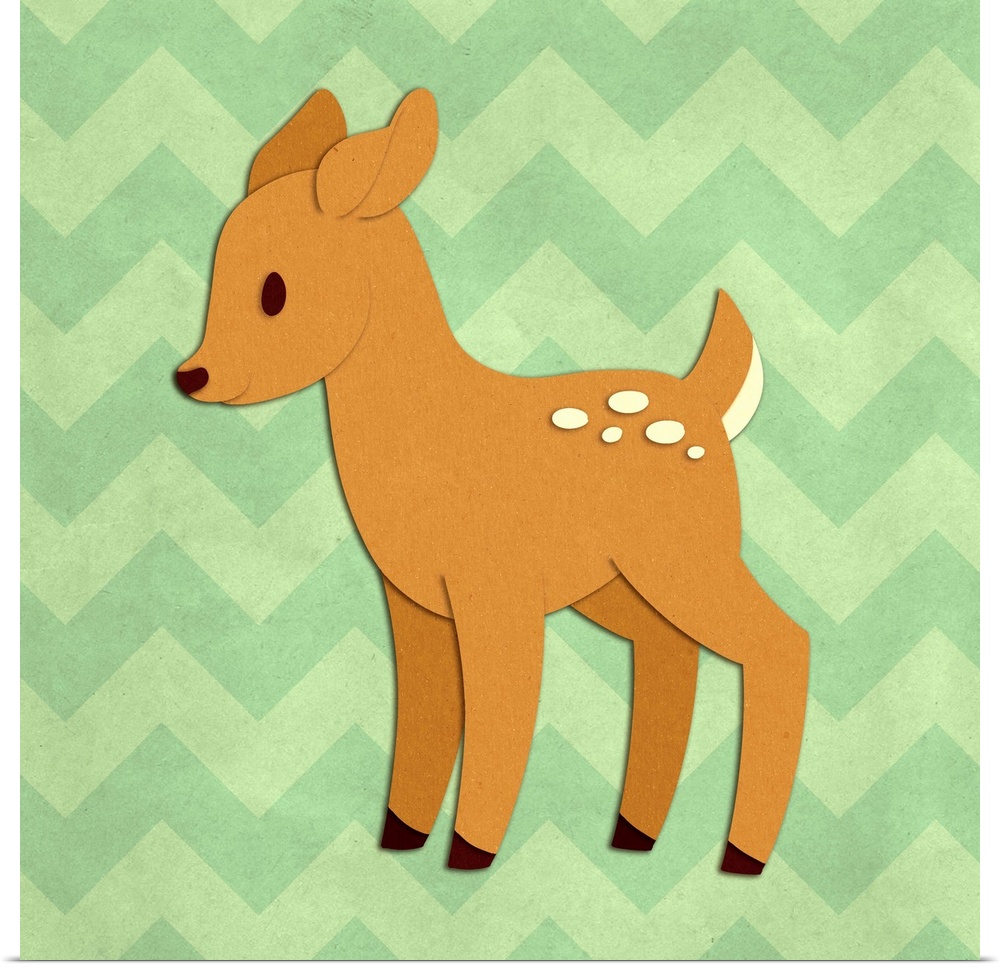 A cute fawn with the appearance of cutout paper on a light green chevron-patterned background.