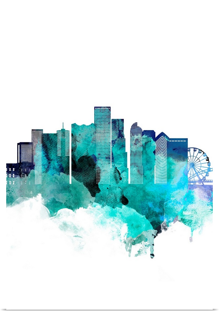 The Denver, Colorado city skyline in watercolor splashes made with shades of blue.