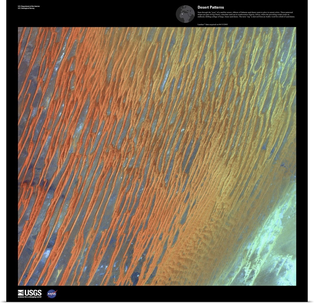 Seen through the eyes of a satellite sensor, ribbons of Saharan sand dunes seem to glow in sunset colors. These patterned ...