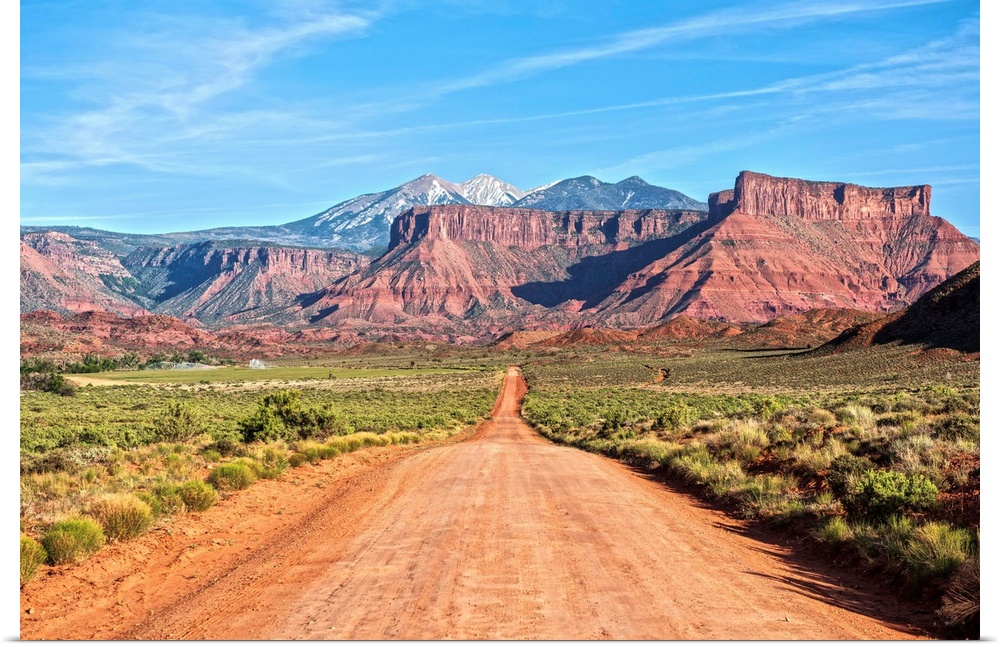 A dirt road leading towards the sandstaone cliffs and La Sal Mountains in Arches National Park, Moab, Utah.