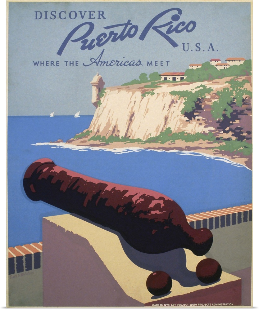 Discover Puerto Rico U.S.A. Where the Americas meet. Poster promoting Puerto Rico for tourism, showing view of harbor from...