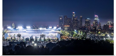 Dodger Stadium and LA skyline Lit Up at Night
