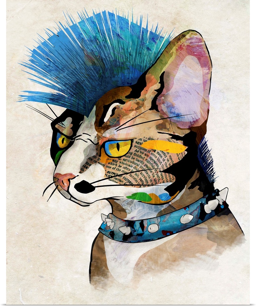 Pop art of a cat with a blue mohawk and a spiked collar.