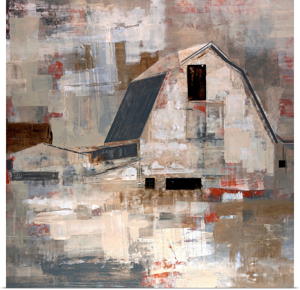 Contemporary artwork of a barn with blocks of colors painted all around it.
