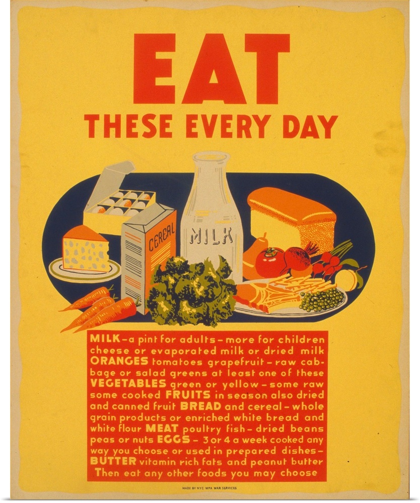 Artwork promoting consumption of healthy foods, showing dairy products (milk, cheese), eggs, fruit, vegetables, bread and ...