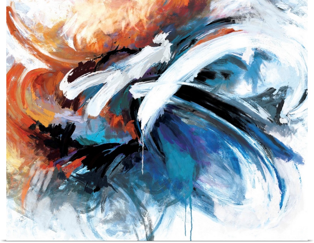 A contemporary abstract painting using tones of blue red and orange in a cloud-like formation of color.