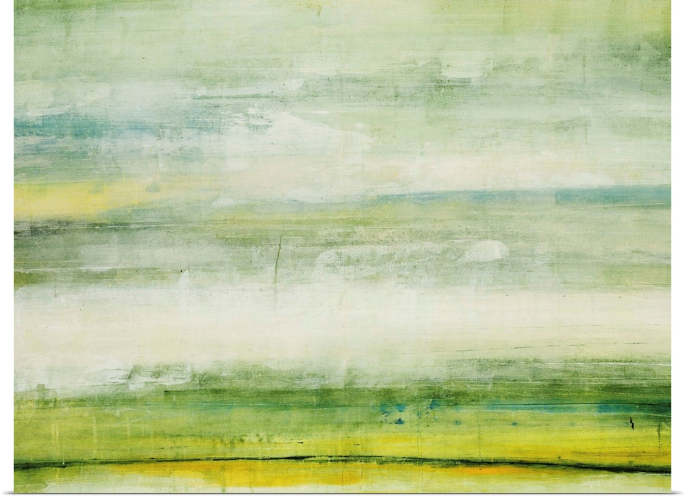 Abstract art of varying shades of green in a horizontal stripped pattern.