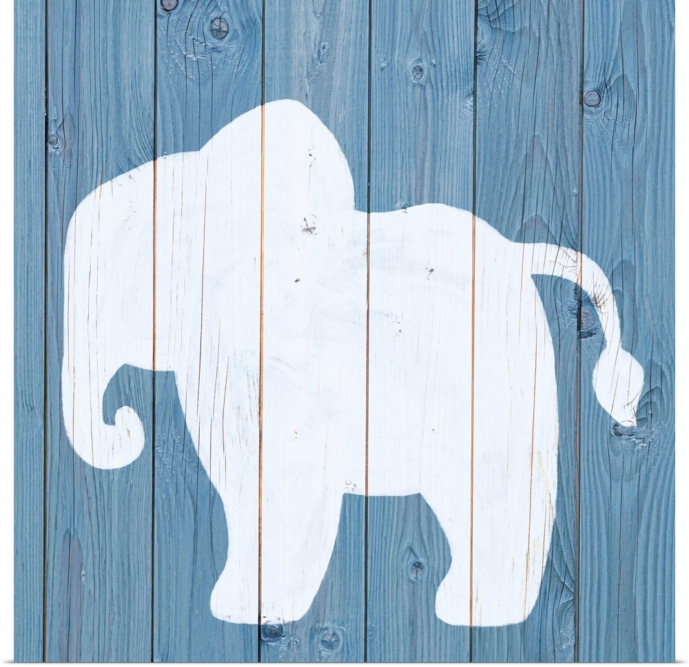 Nursery art of an elephant outline painted on a blue board background.