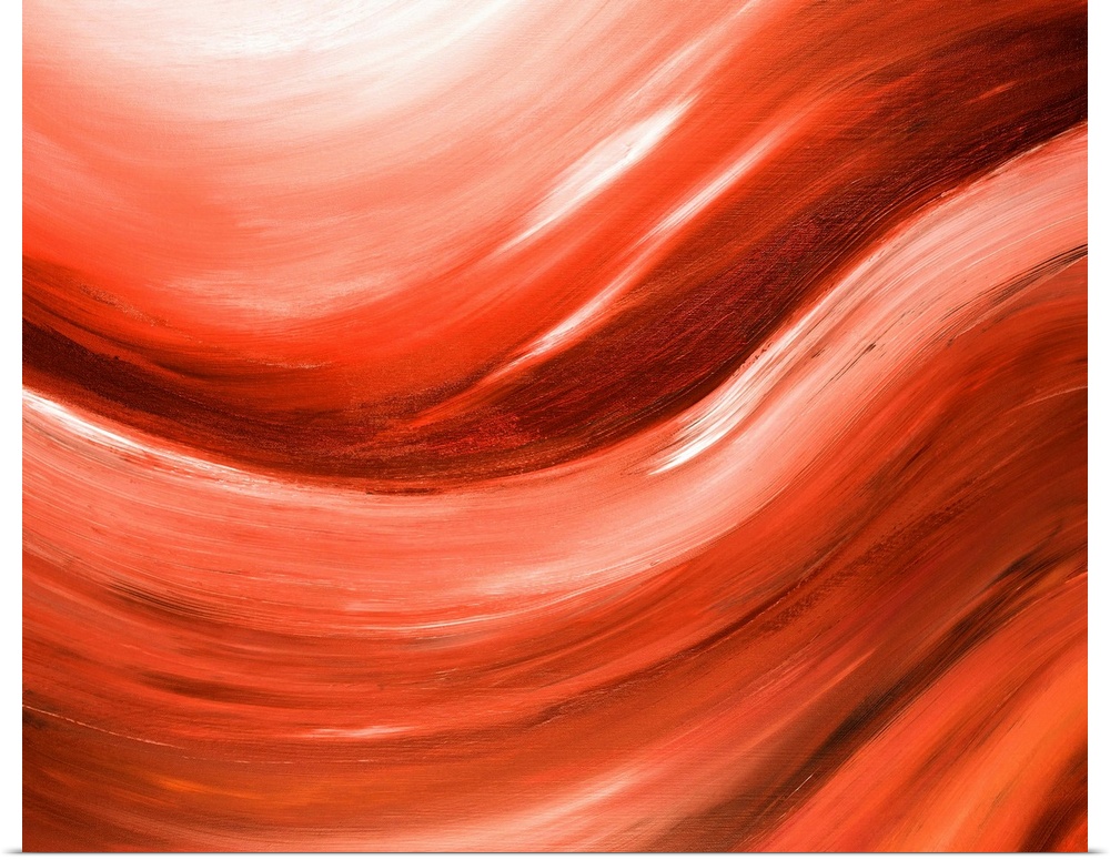 Horizontal contemporary painting in shades of orange, giving the impression of rolling waves.