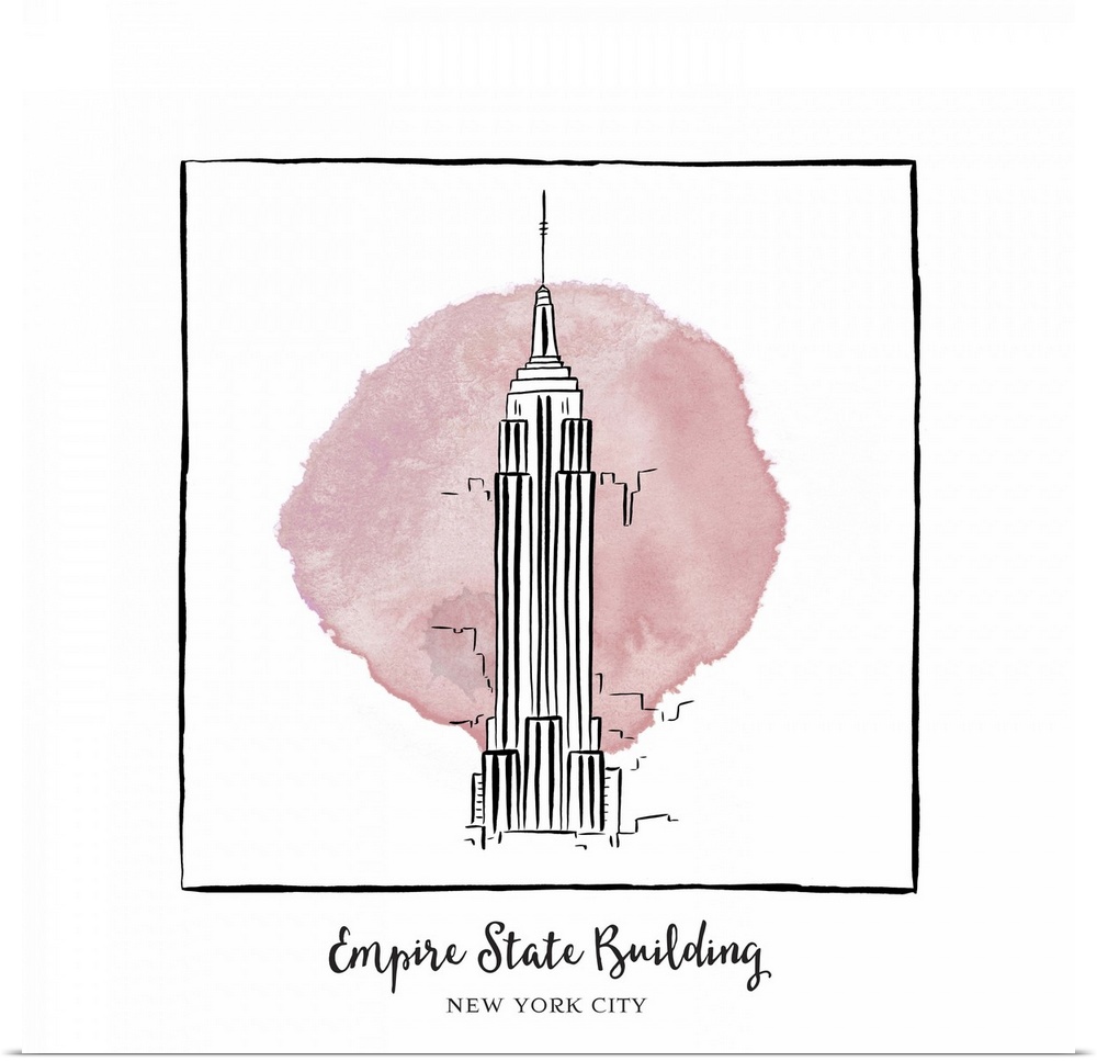 An ink illustration of the Empire State Building in New York City, with a pink watercolor wash.