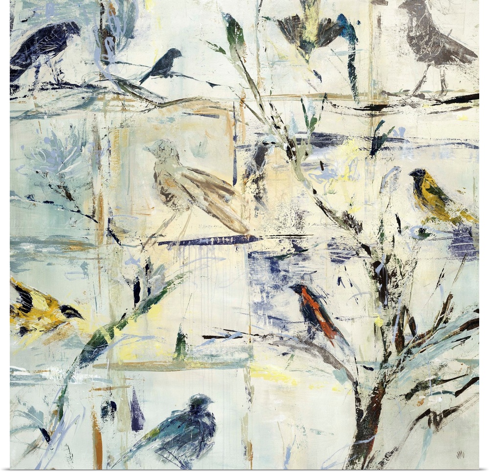 Contemporary painting of various abstracted birds against a cool cream background.