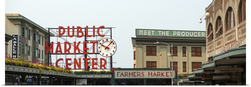 Panoramic photograph of the downtown Farmers Market at Pike Place Market in Seattle, WA.